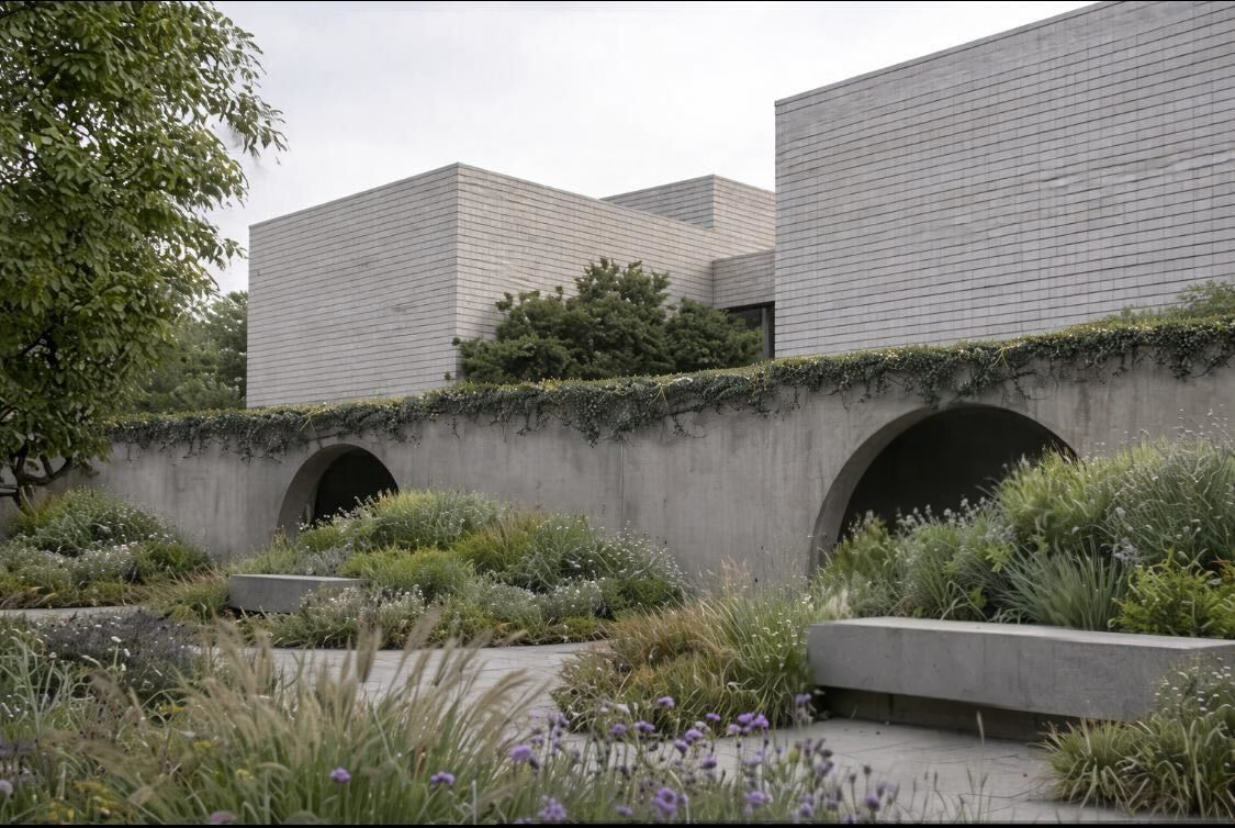 Fachada Aldea - arcos de hormigón con vegetación